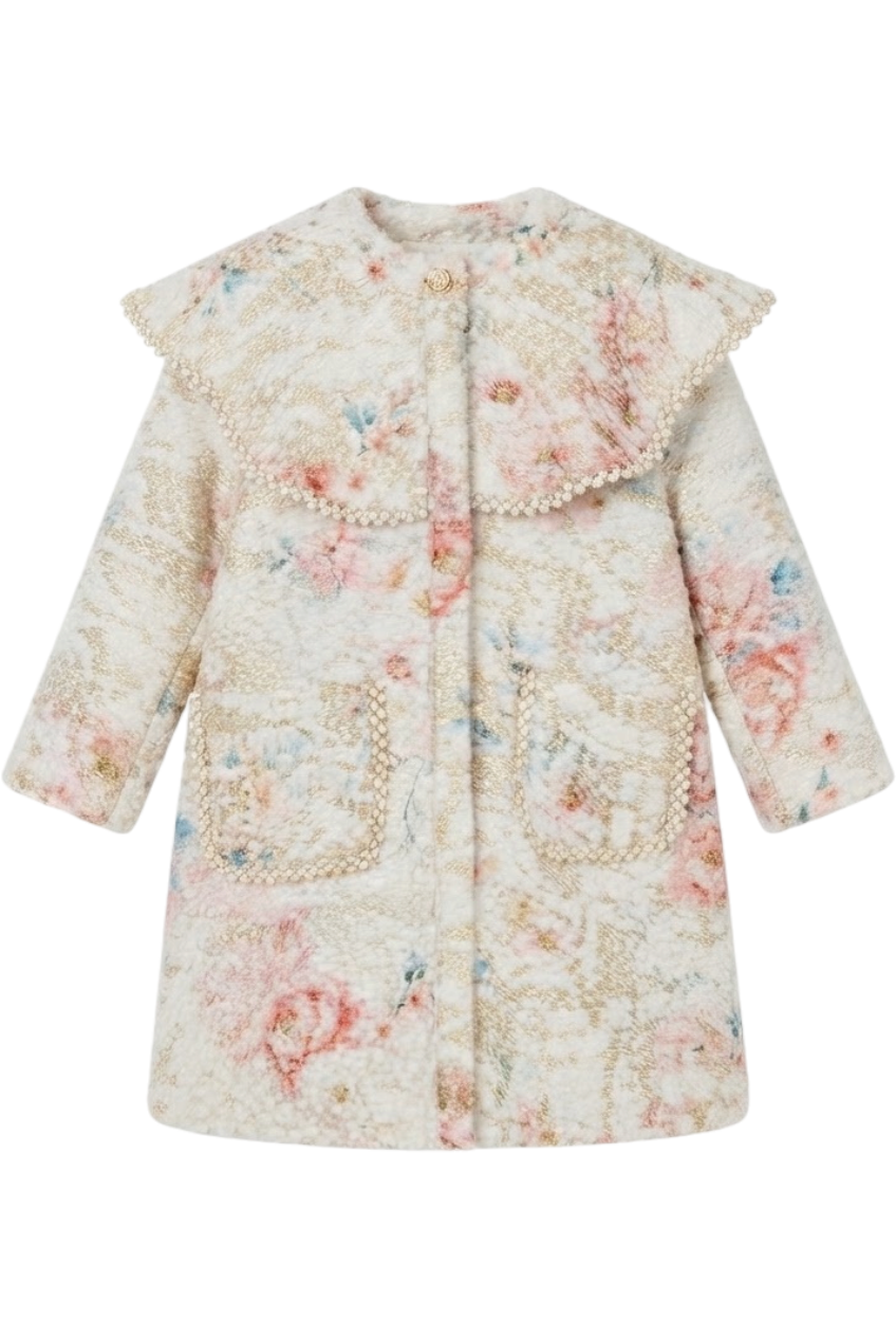 White and gold fur wool blend floral coat with pretty collar - product view