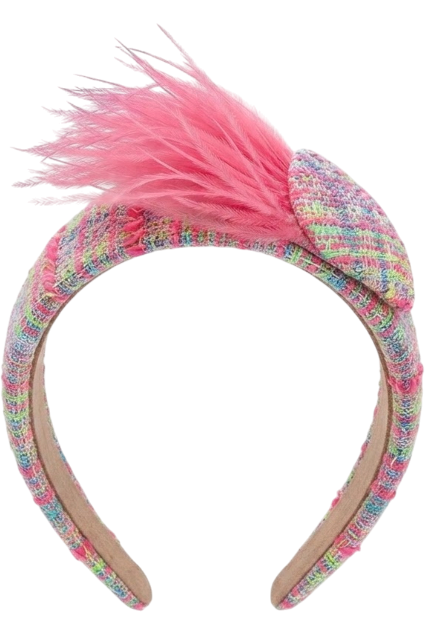 Pink, blue, green neon tweed headband with feathers - product view