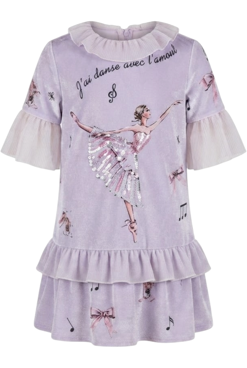 Velvet dress with sequined ballerina print and chiffon sleeves - product view