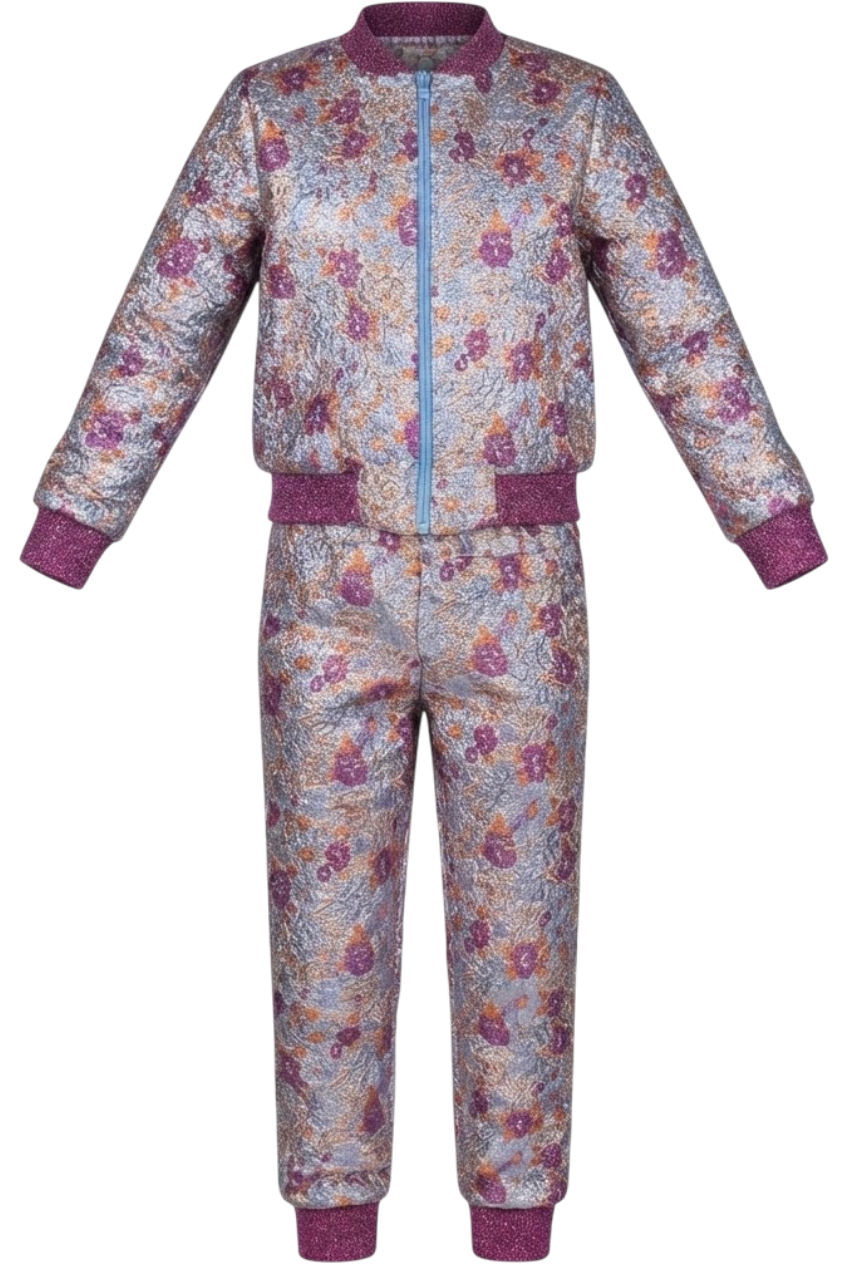 Shimmering purple, lilac and orange jacquard tracksuit - product view