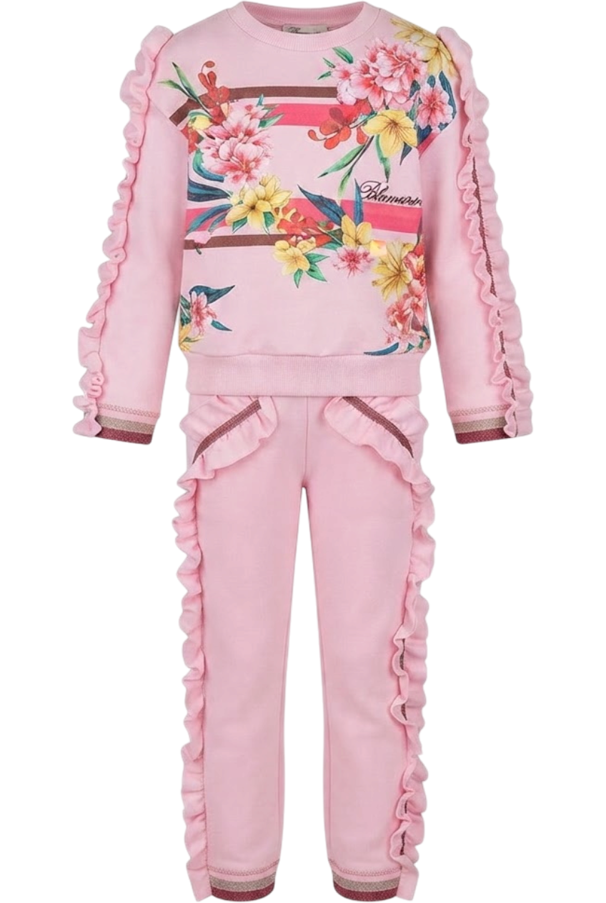 Pink printed floral tracksuit with frills - product view