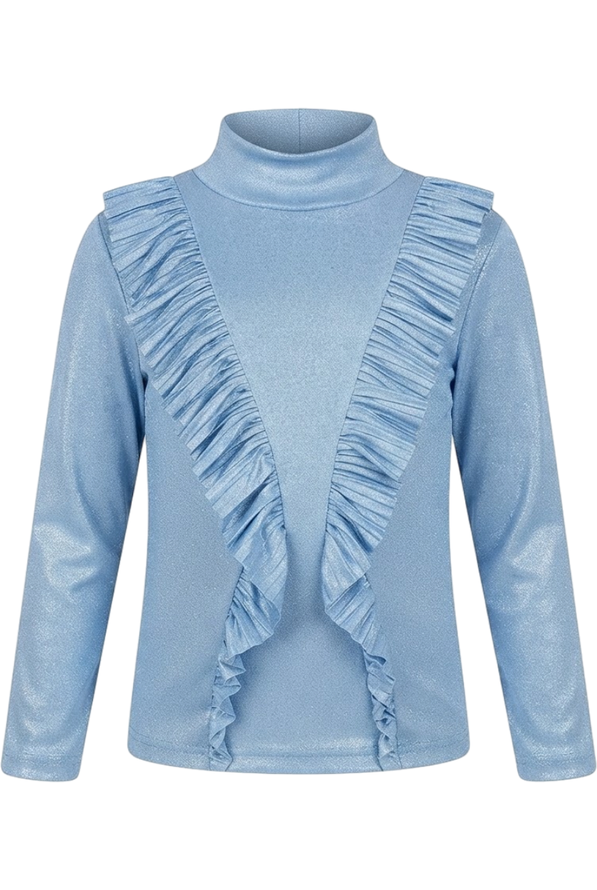 Shimmering light blue shirt with frills - product view