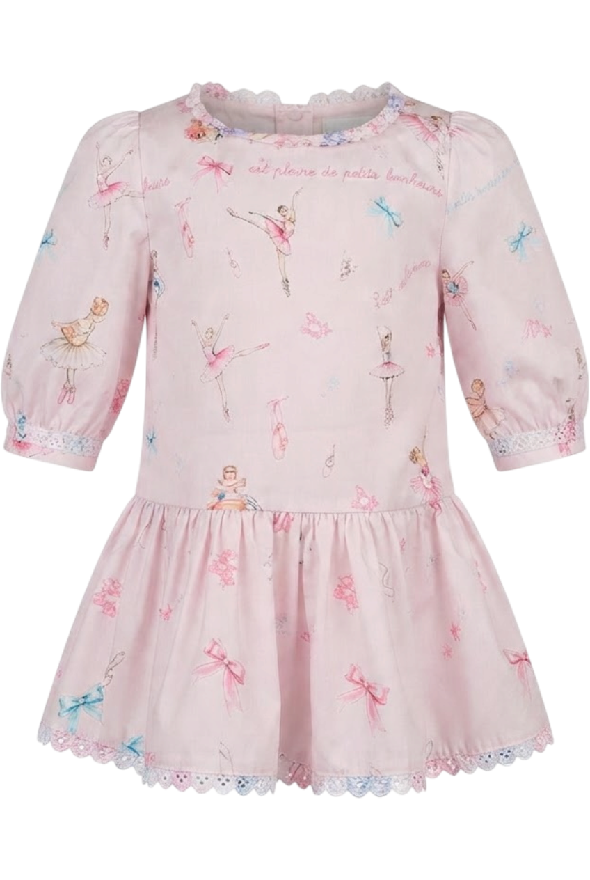 Pale pink cotton dress with ballet print - product view