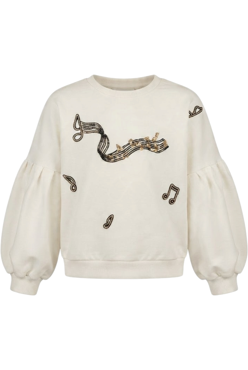 Off-white cotton sweatshirt with handmade musical notes embellishments - product view