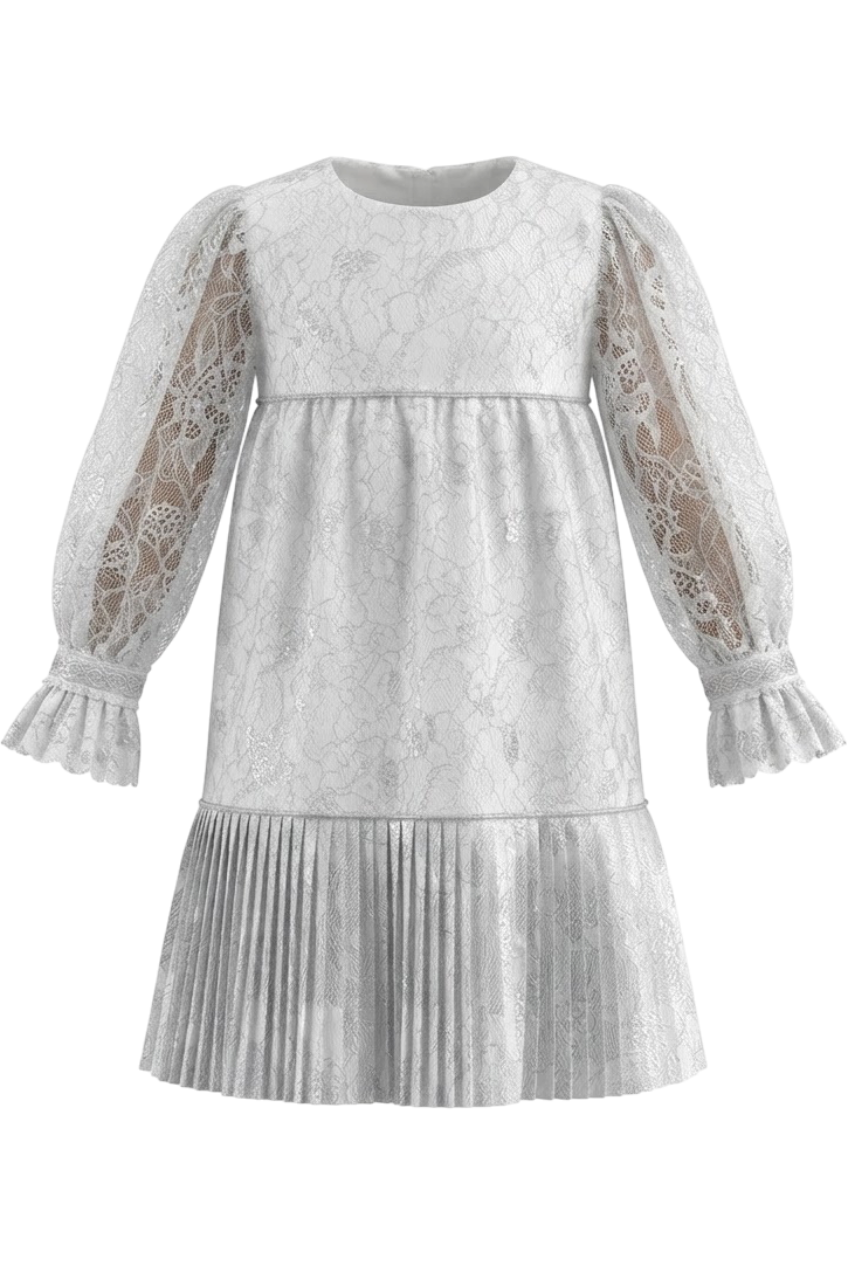 White and silver pleated lace dress with long sleeves - product view