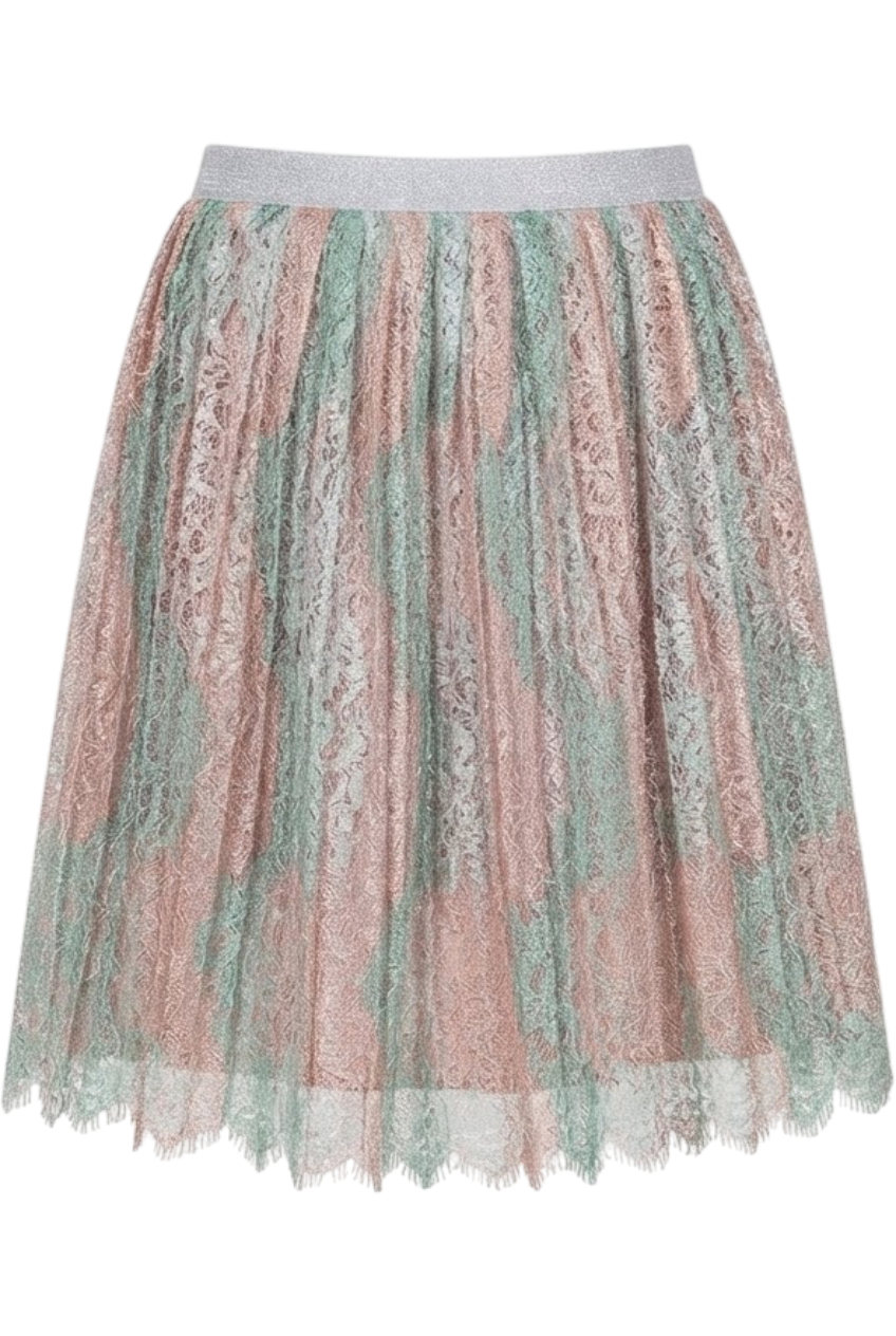 Pink and seafoam green pleated lace skirt - product view