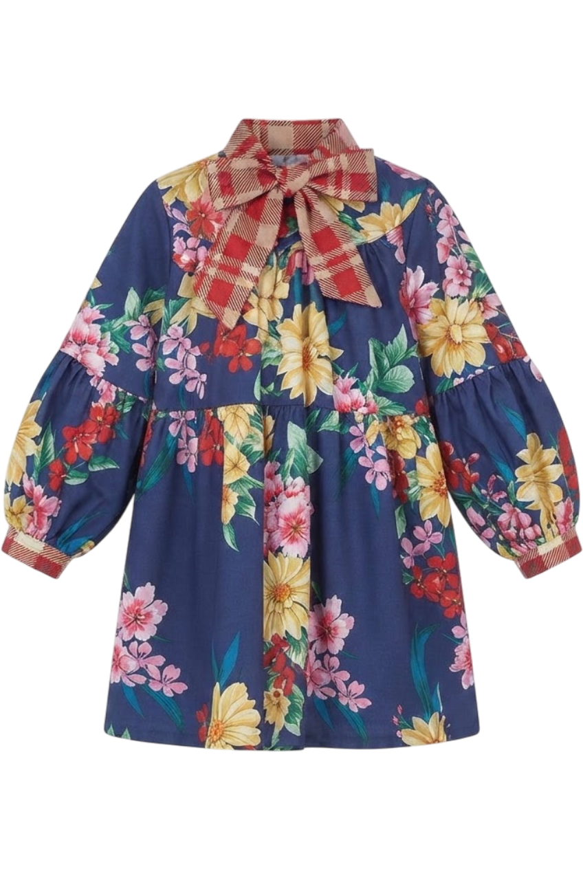 Blue floral printed dress with checked bow - product view