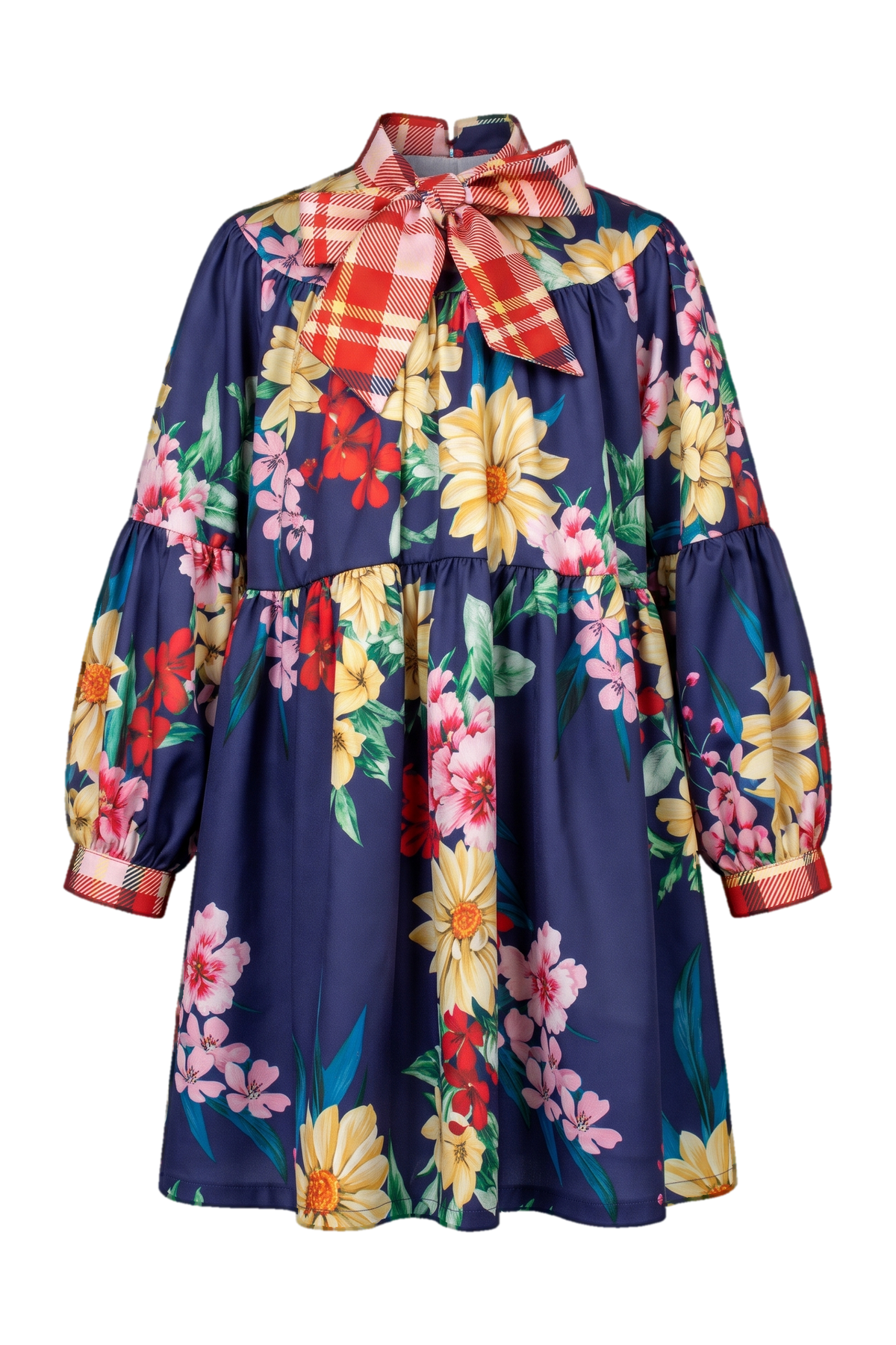 Blue floral printed dress with checked bow - product view