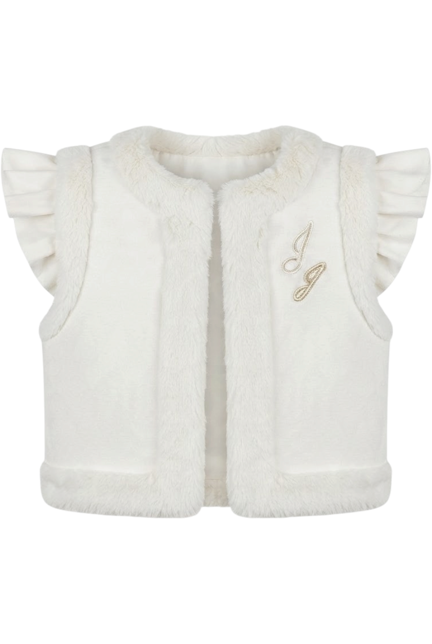 White faux fur vest with musical embroidery - product view