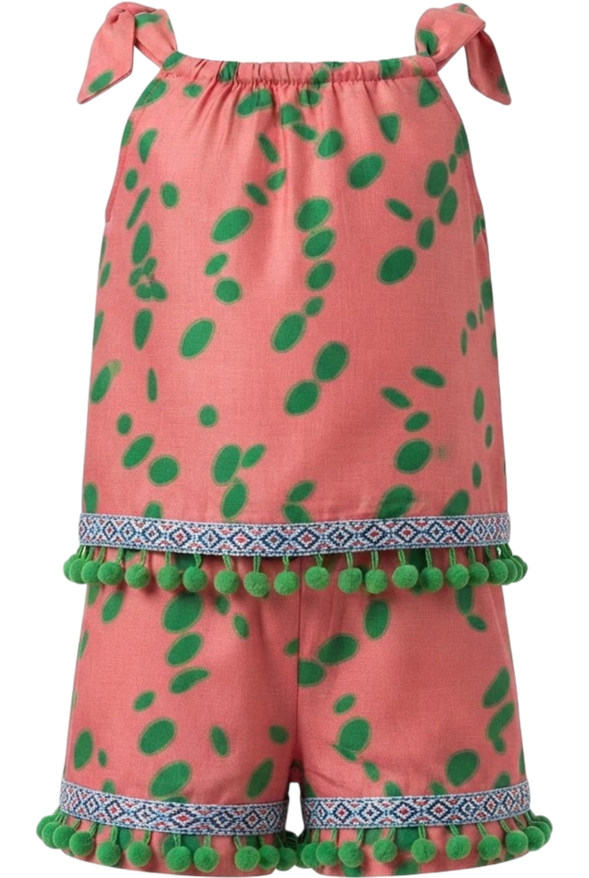 Coral viscose set with green dots and green pom poms - product view