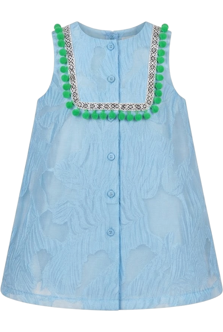 Blue floral organza dress with green pom poms - product view