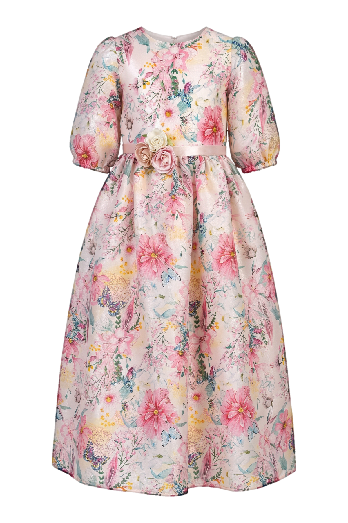Shiny organza floral long dress with flowers belt - product view