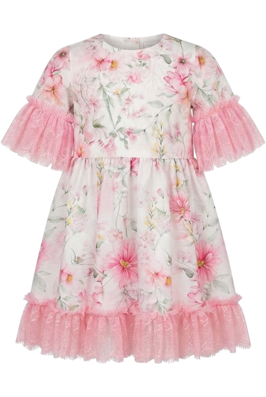 White floral dress with pink lace details - product view