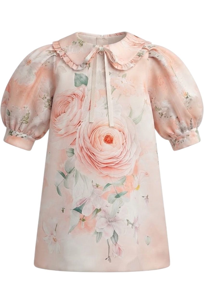 Peach oversize ranunculus dress with collar - product view