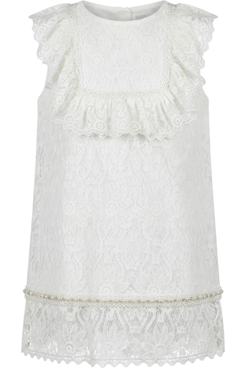 White floral lace dress with frills and hand-made embellishment - product view