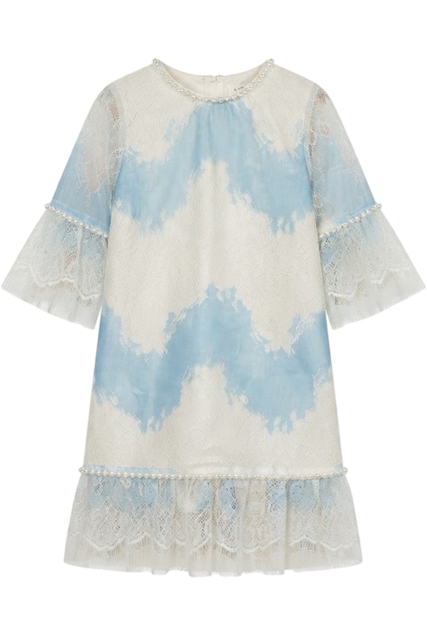 Blue and ivory A-line lace dress with pearls - product view