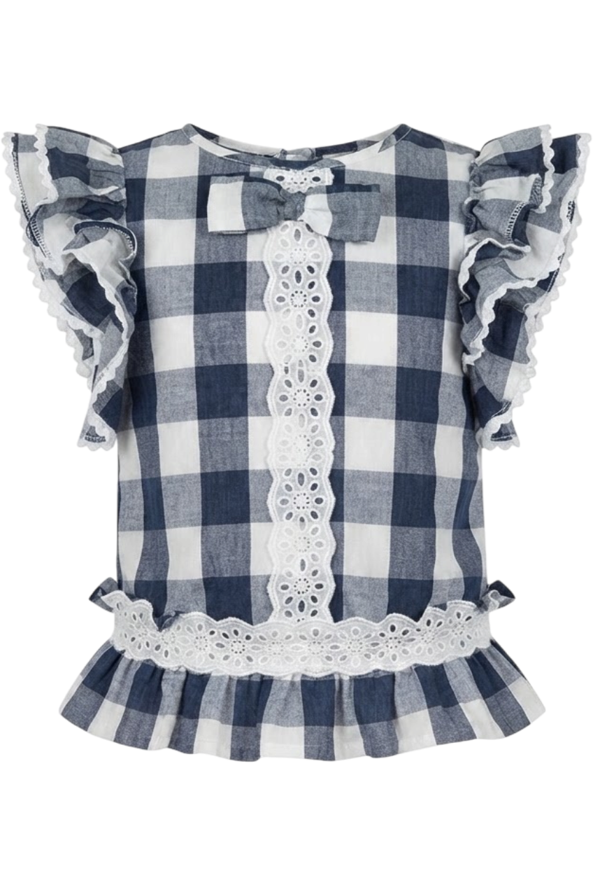 Dark blue and white check cotton top with white lace insterts - product view
