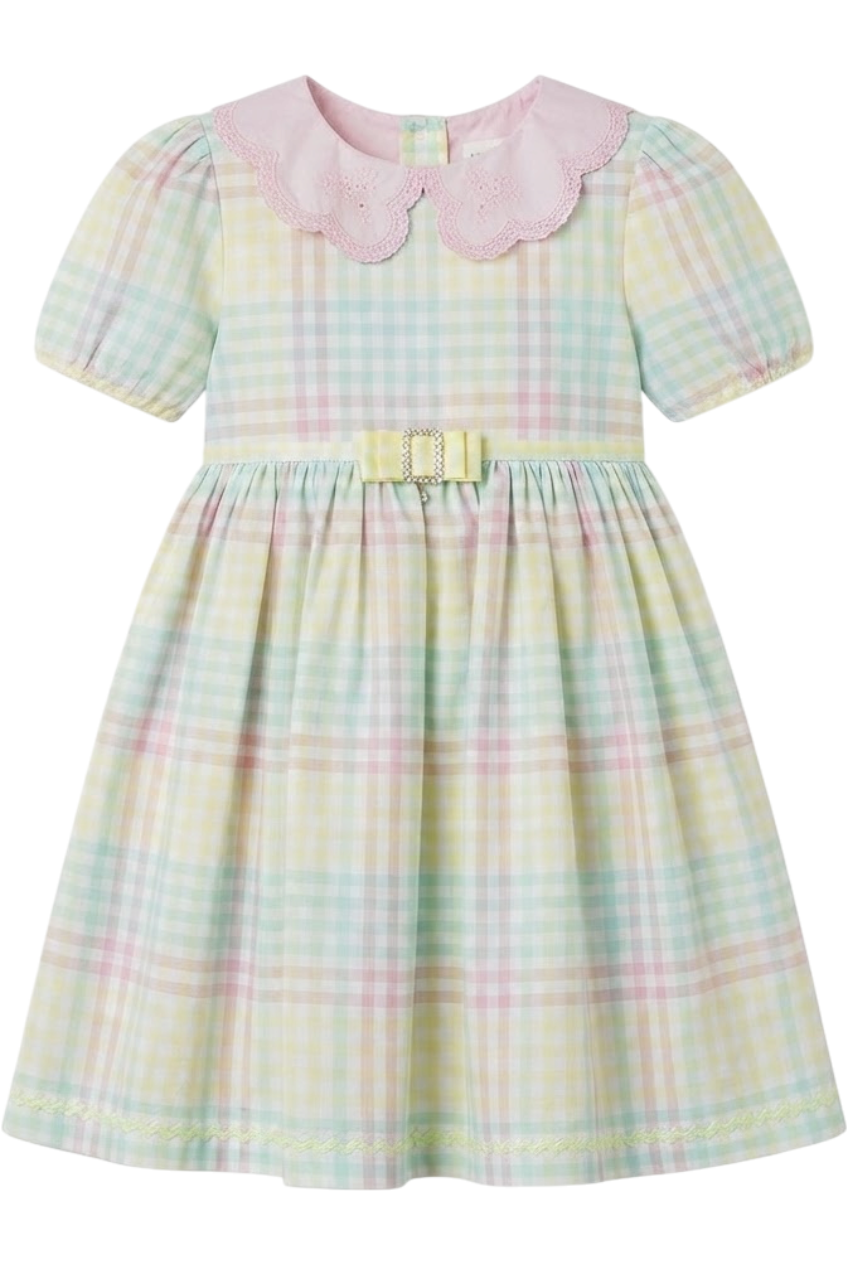 Mint, yellow, pink and white check cotton dress with pink collar and yellow bow - product view