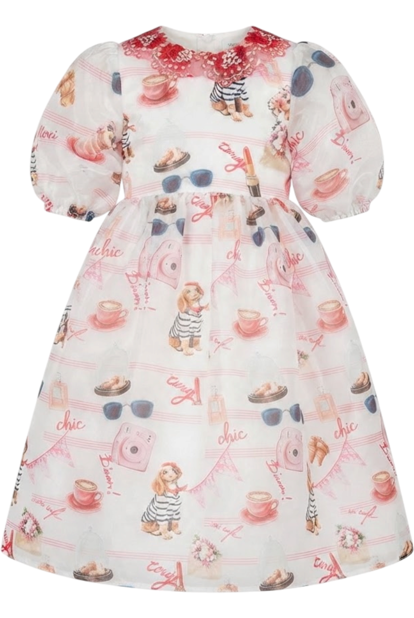 French symbols white long organza dress with red embroidered collar - product view