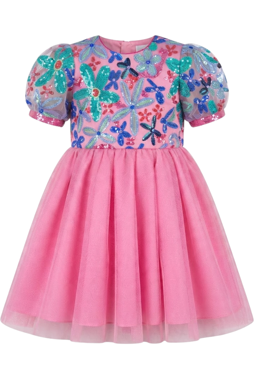 Pink tulle dress with sequin lace upper part - product view