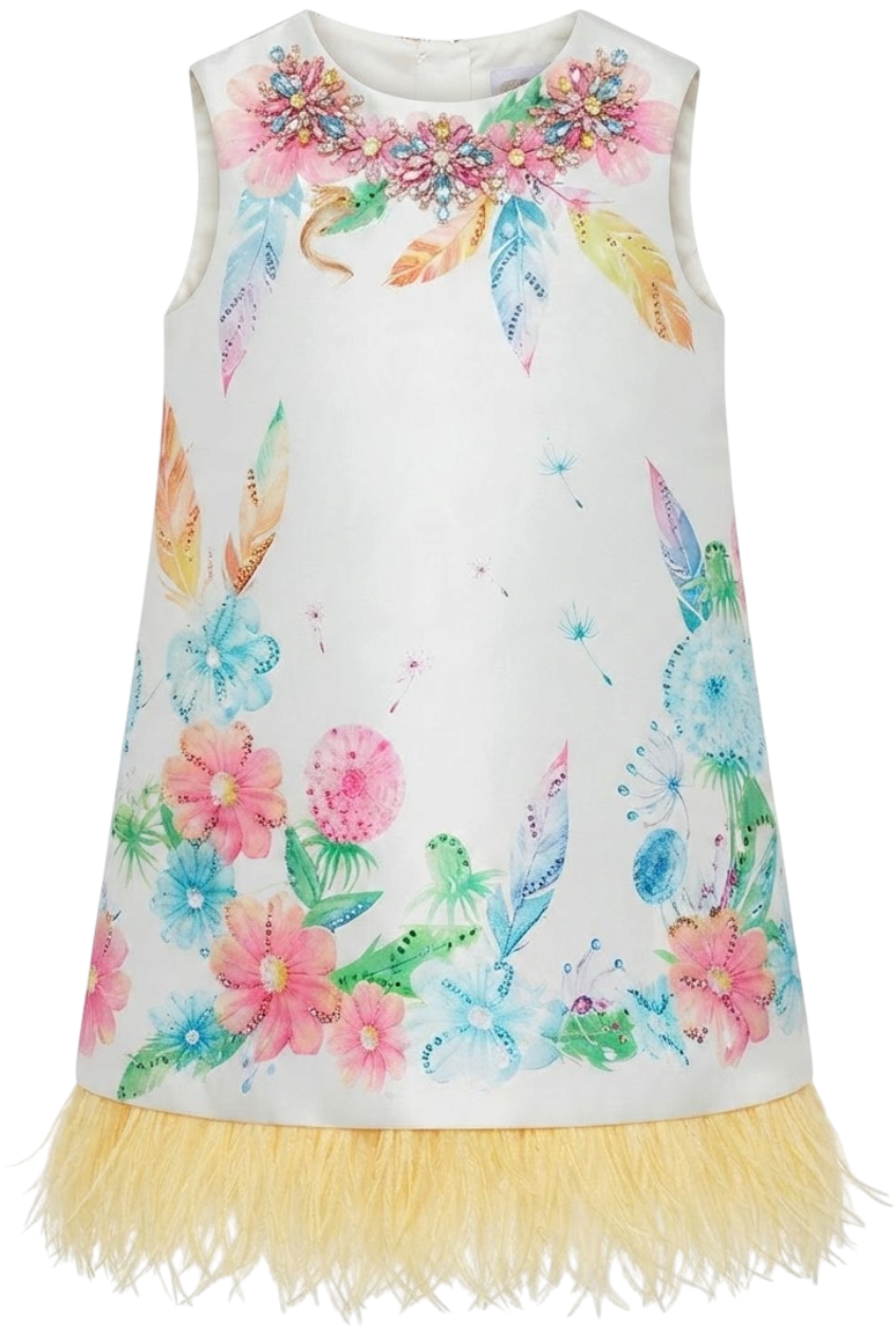 Dandelion dress with yellow feathers and Swarovski crystals - product view