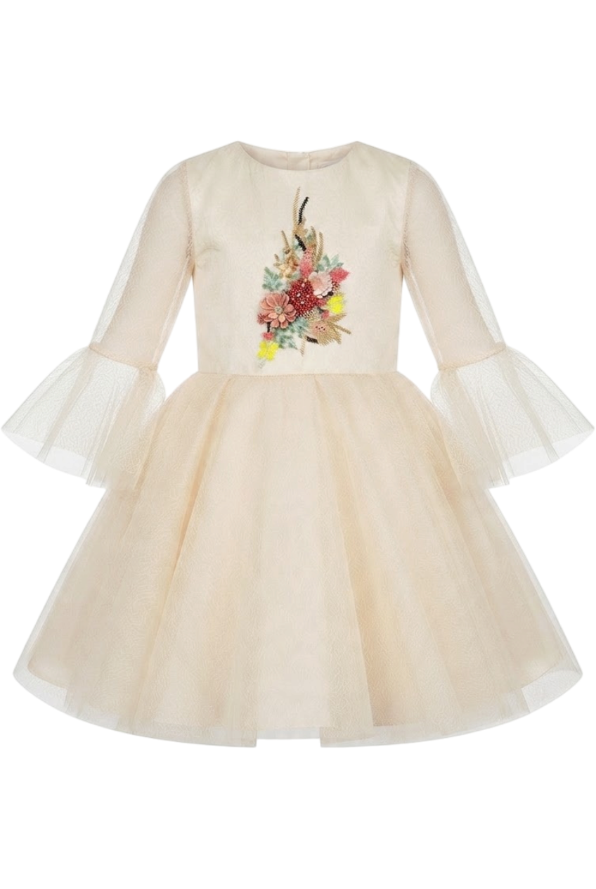 Ecru tulle dress with hand-made floral embroidery - product view