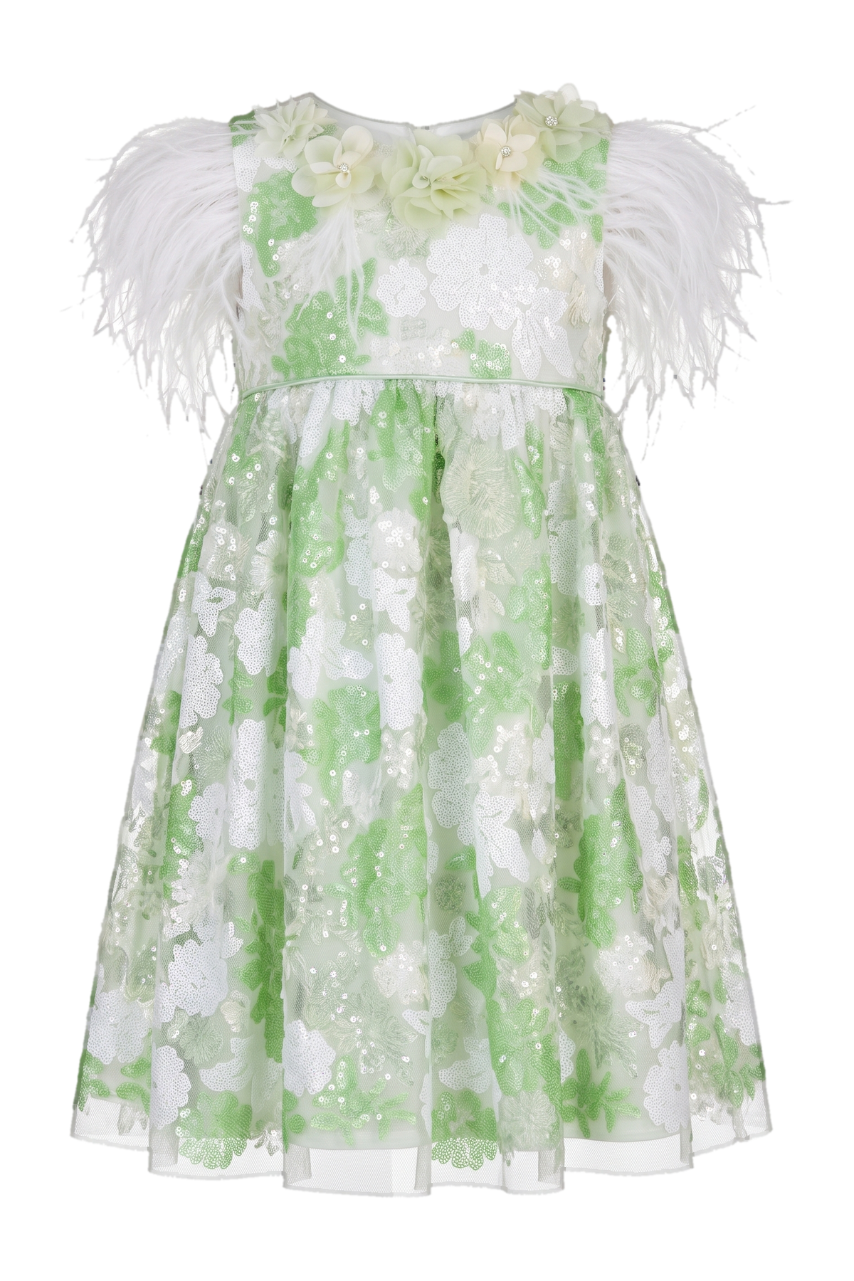 Green and white floral sequin lace dress with white feathers and hand-made embellishments - product view
