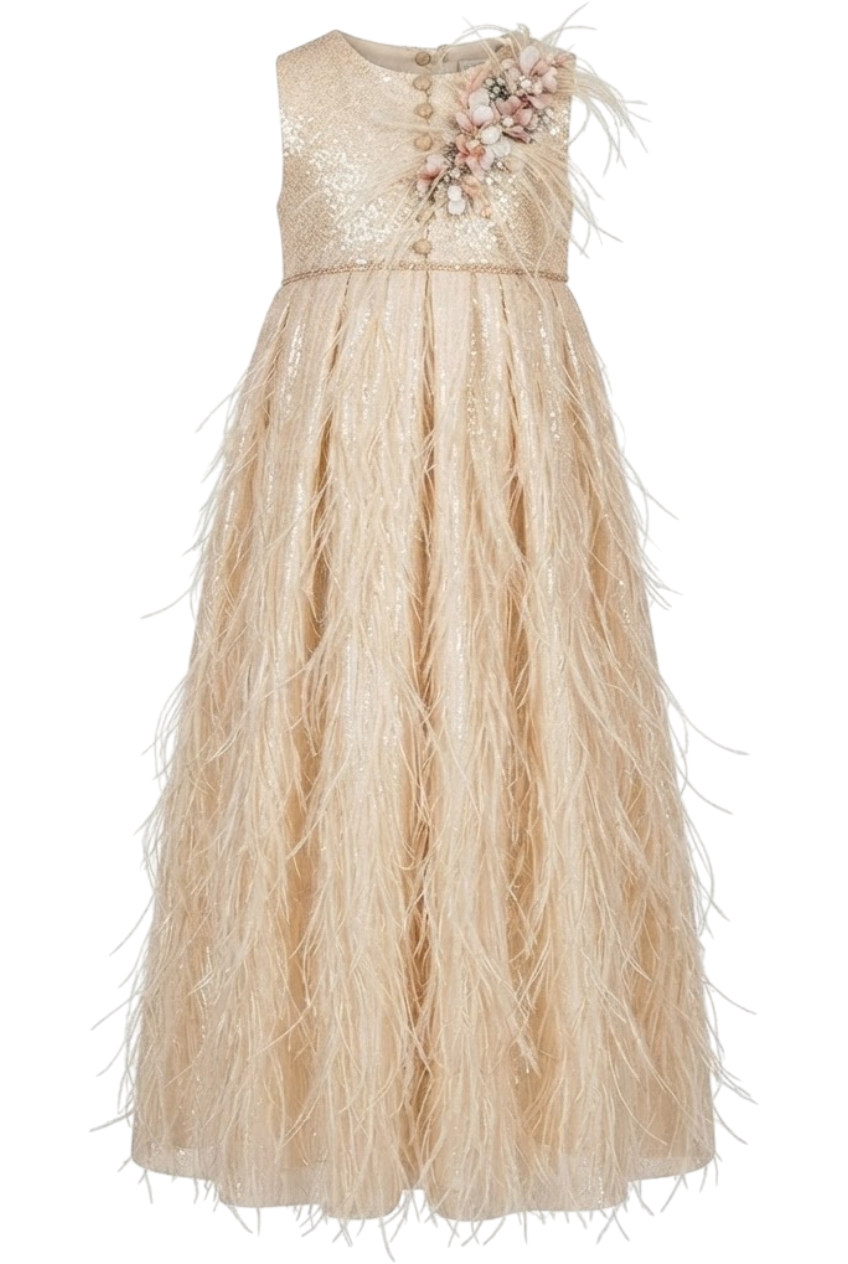 Ecru and gold long dress with sequin feather skirt and hand-made embellishments - product view