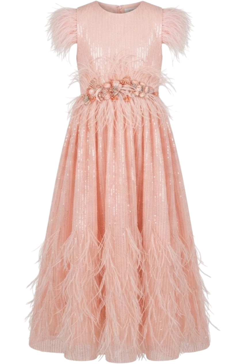 Pink sequin long dress with feather skirt and hand-made embellishments - product view