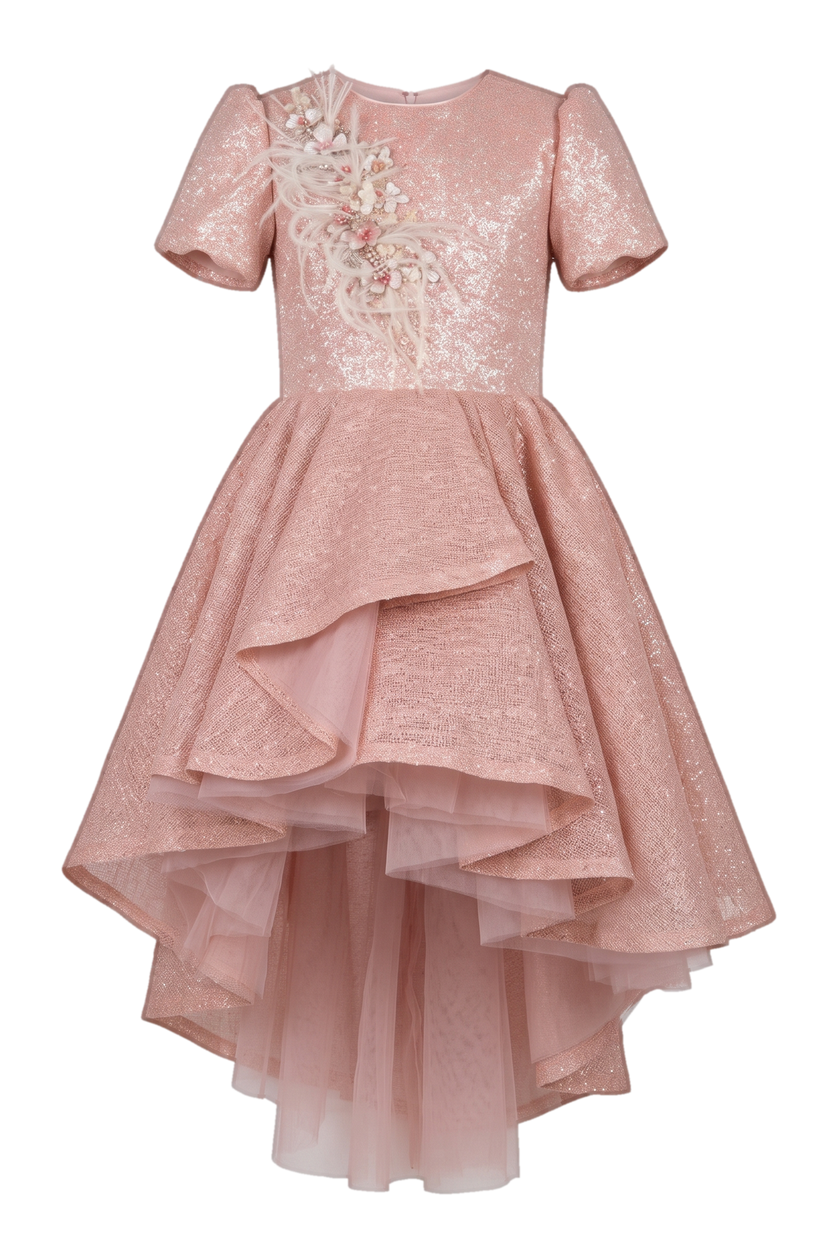 Pink shimmering dress with hand-made embellishments and asymmetrical sequin skirt - product view