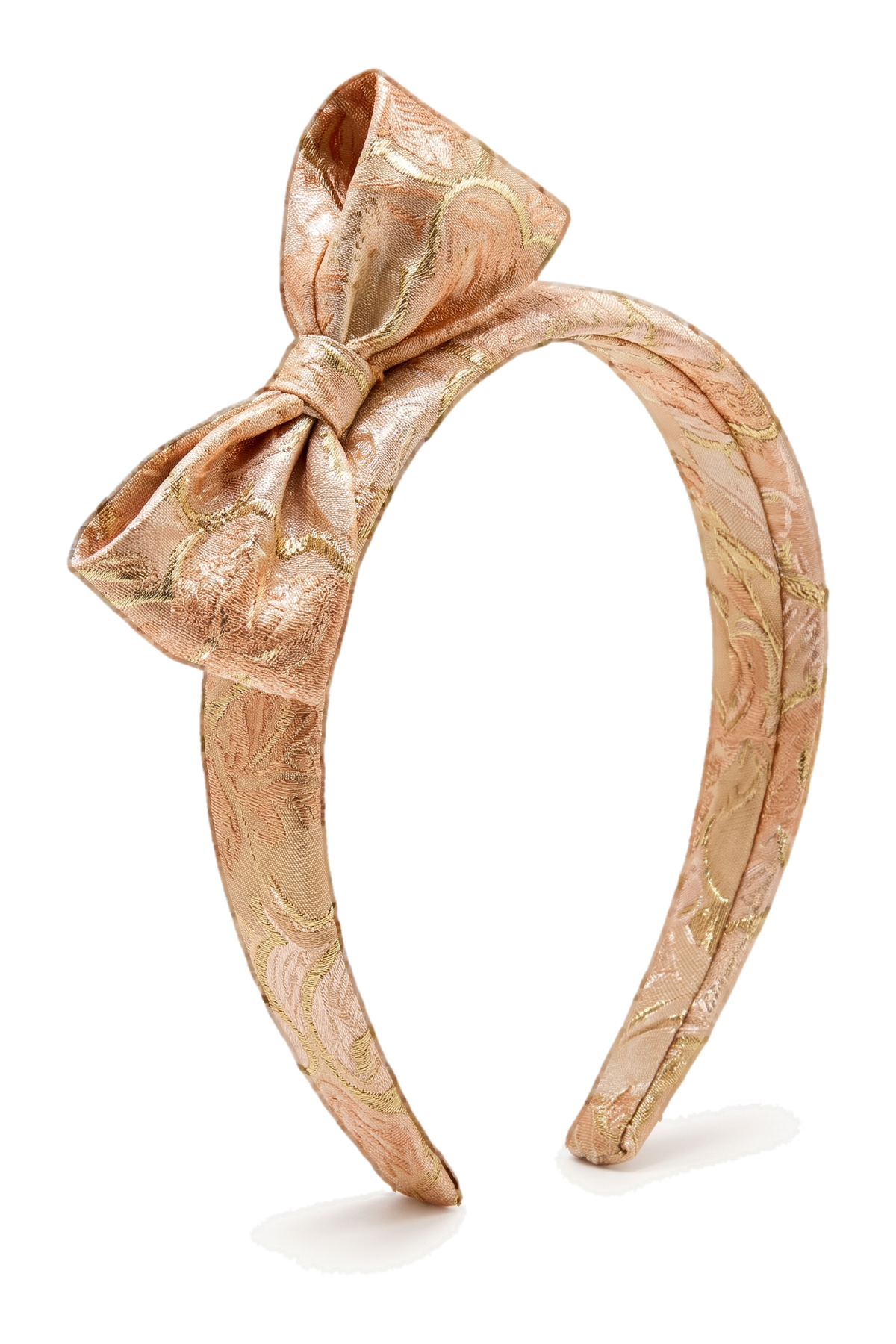 Padded brocade headband in soft gold-pink tones - product view
