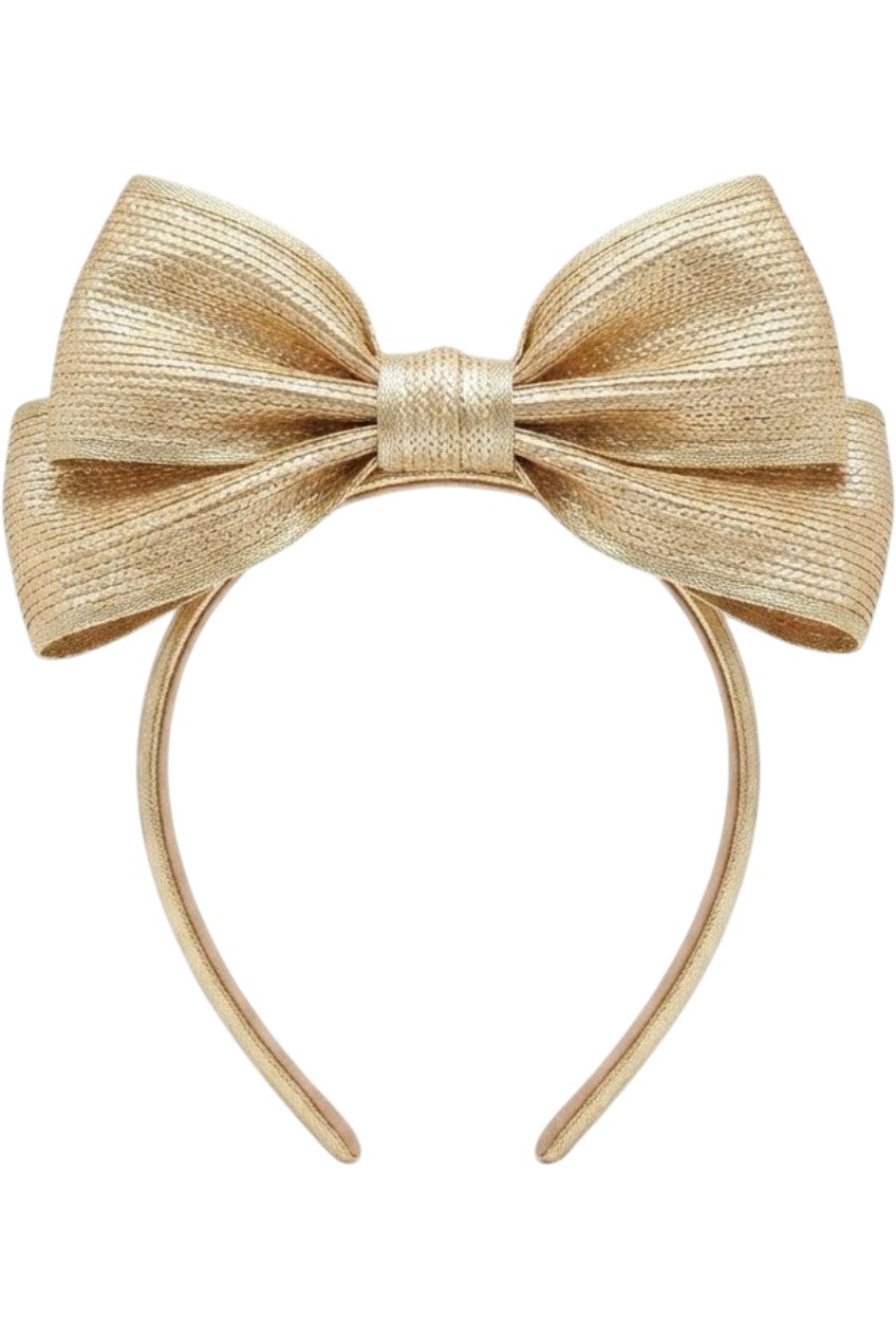 Gold metallic raffia headband with oversized bow - product view
