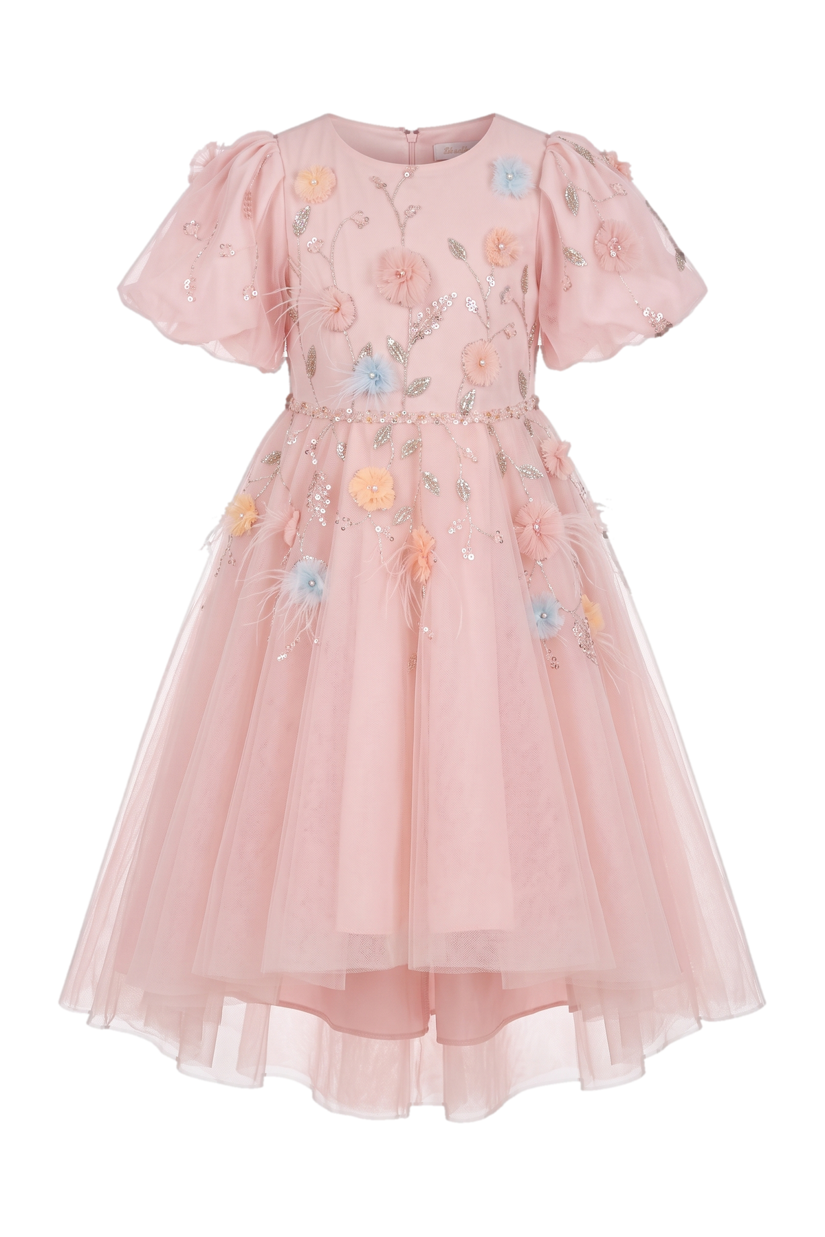 Pink tulle dress with puff sleeves and hand-embellished 3D flower, crystals and beads embroidery - product view