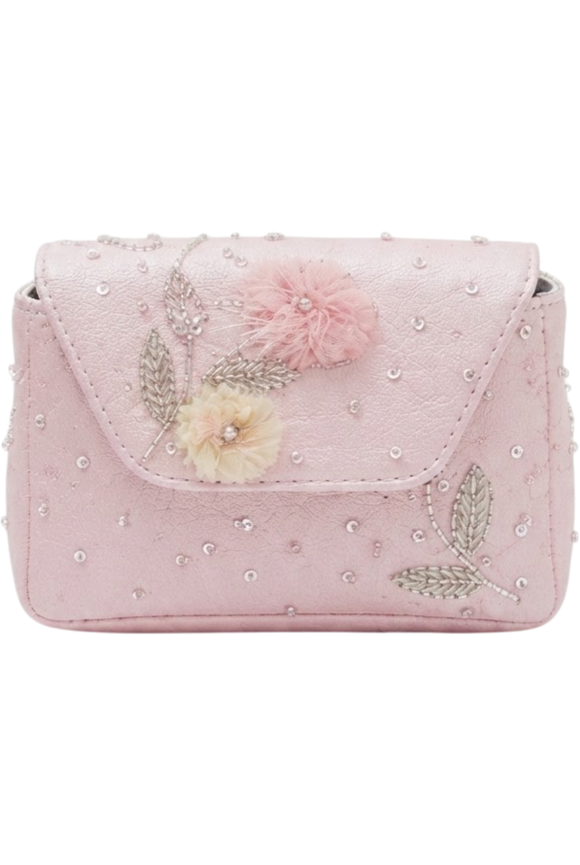 Pink mini bag with hand-embroidered pastel 3D floral appliqués, sequins, and leafs - product view