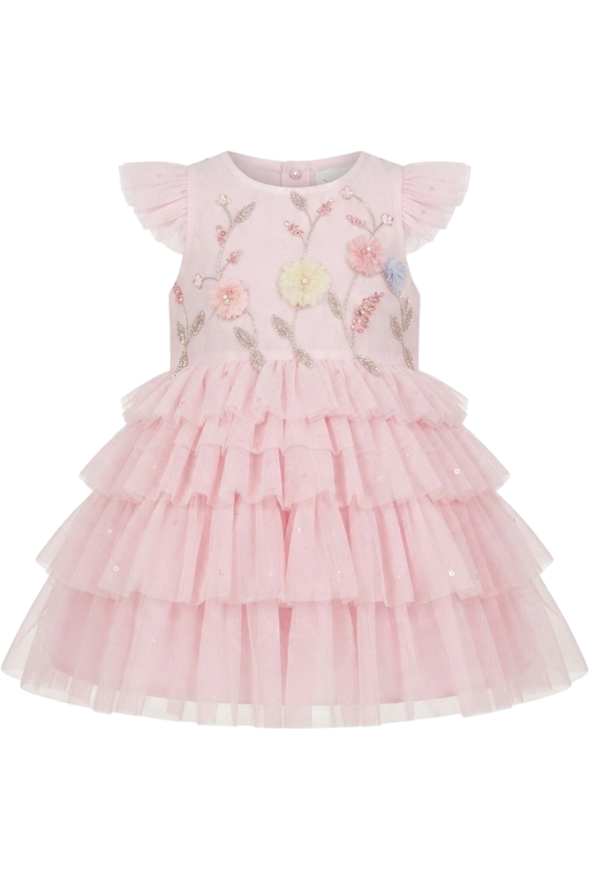 Baby pink tulle dress with puff sleeves and hand-embellished 3D flowers - product view