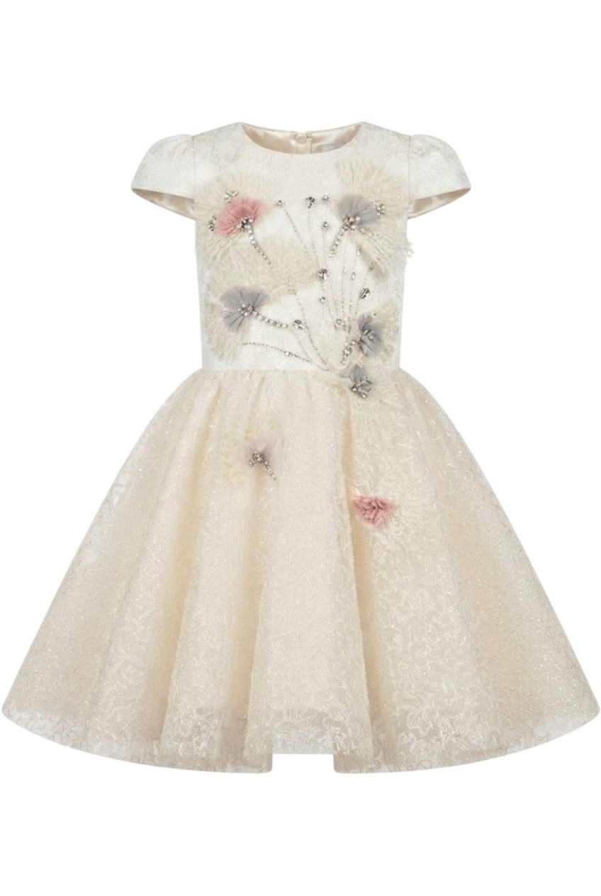 Off-white floral tulle dress with entirely hand-made emebellished flowers and crystals decoration - product view