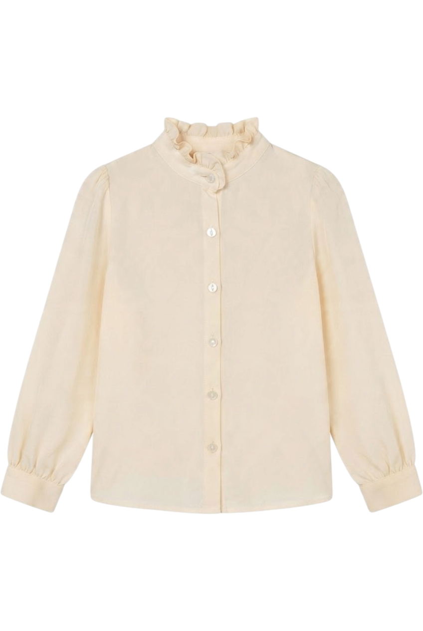 Cream viscose shirt with a ruffled collar and pearl buttons - product view