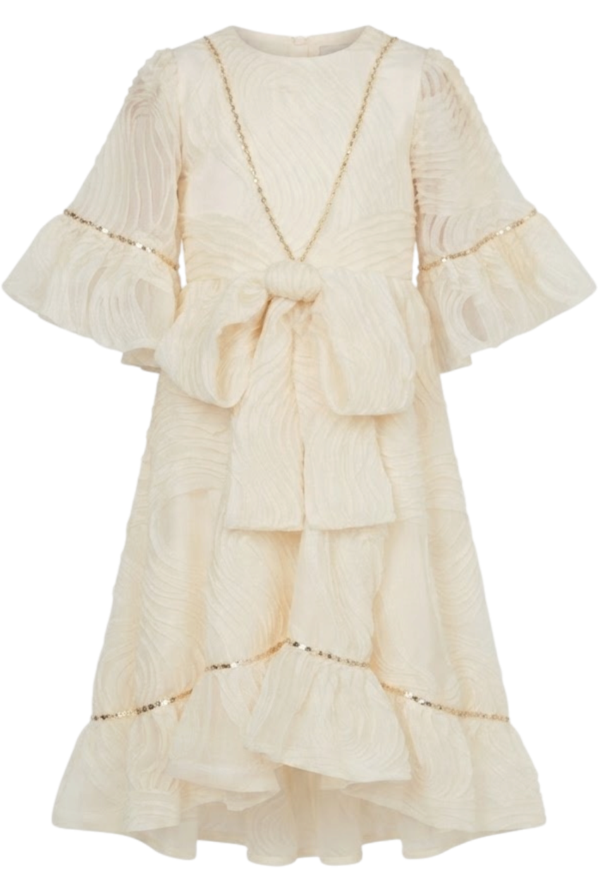 Ivory chiffon gown with gold sequins and an oversized bow - product view