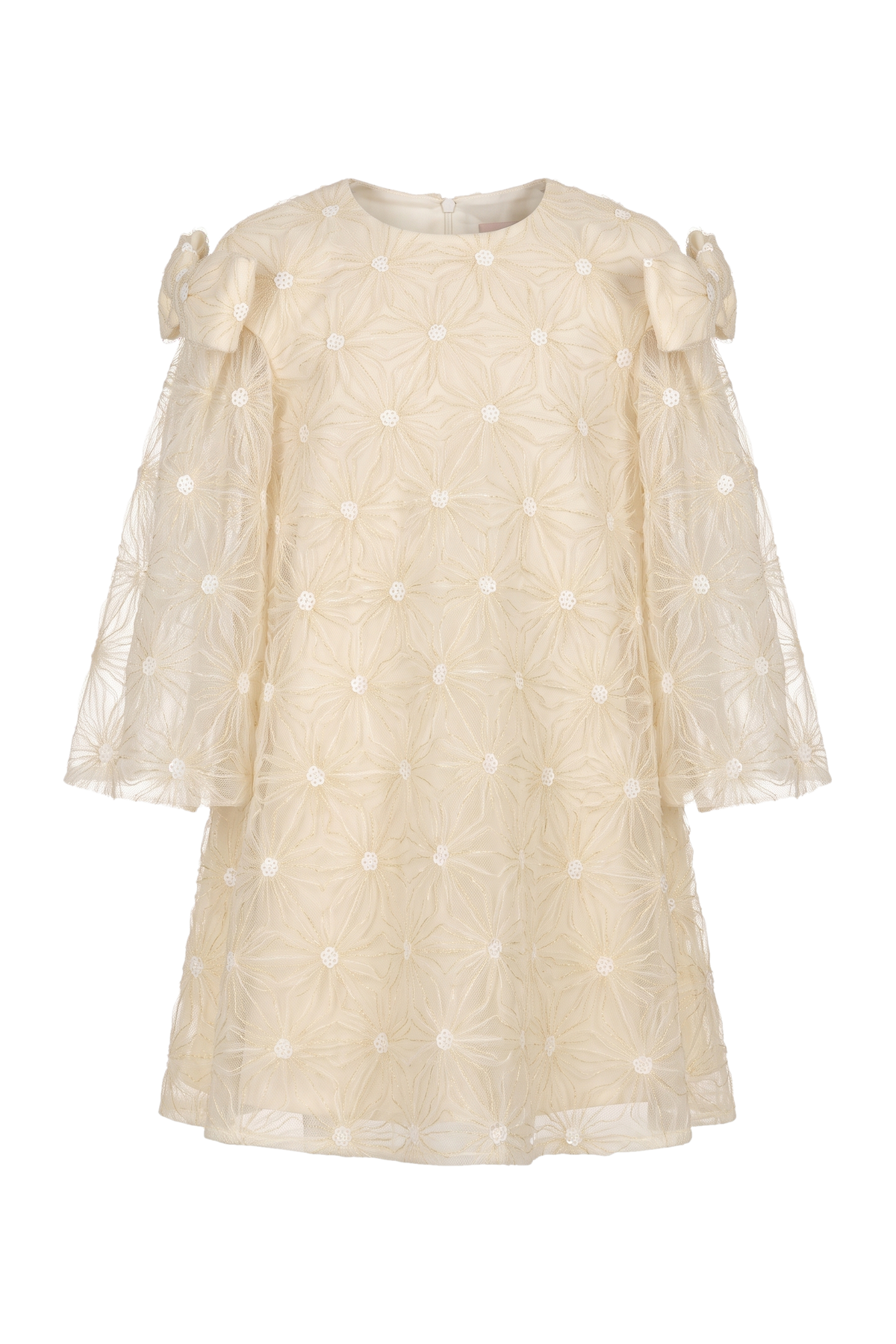 Ivory A-line lace dress with shoulder bows and cape sleeves - product view