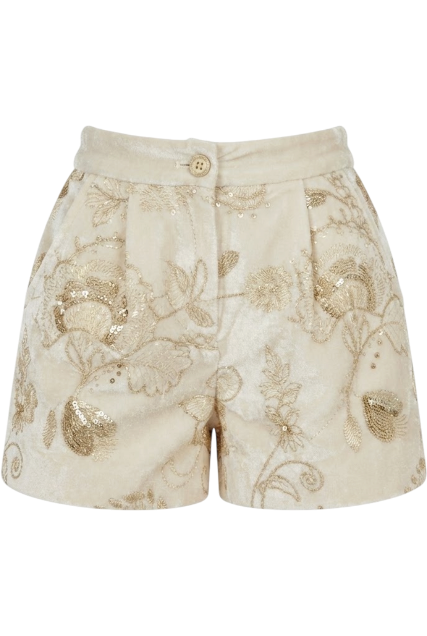 Cream velvet shorts with gold floral embroidery - product view
