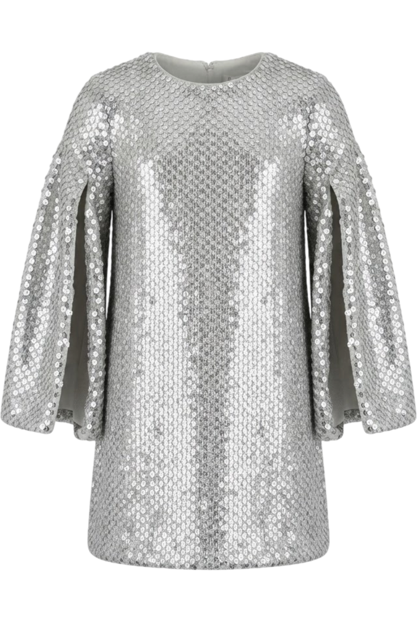 Silver sequin dress with split cape sleeves - product view