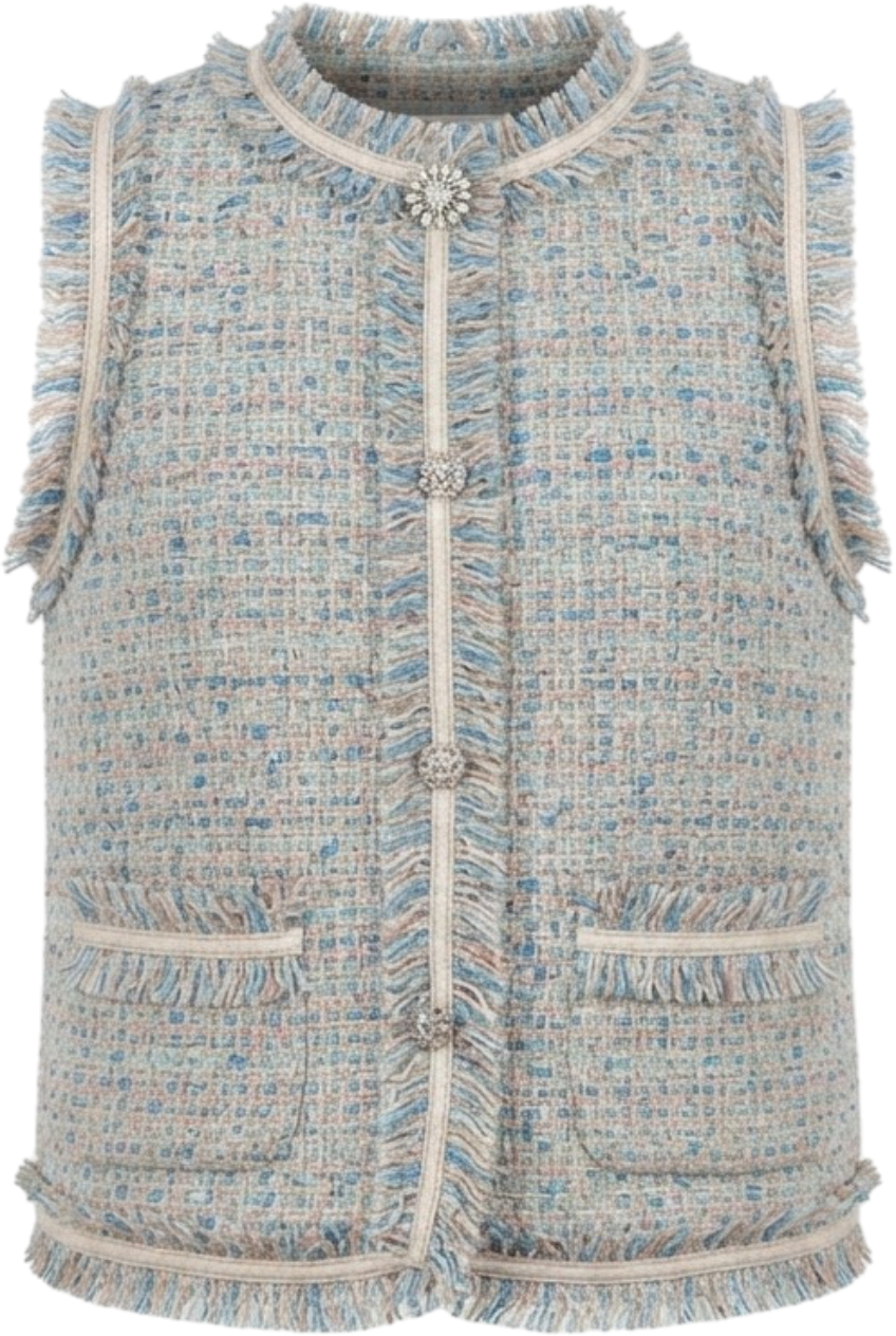 Pastel tweed vest with fringed edges and a crystal brooch - product view