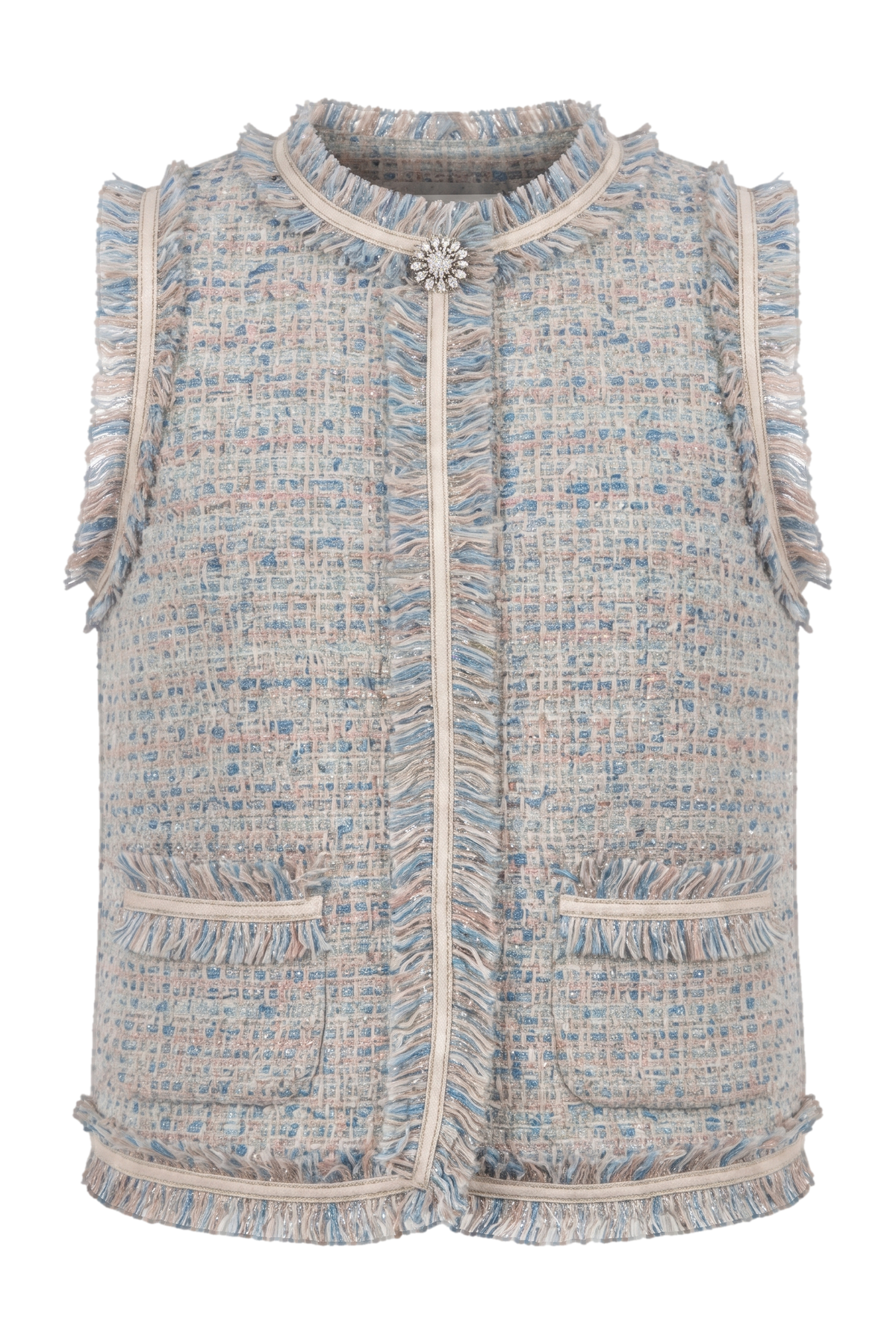 Pastel tweed vest with fringed edges and a crystal brooch - product view