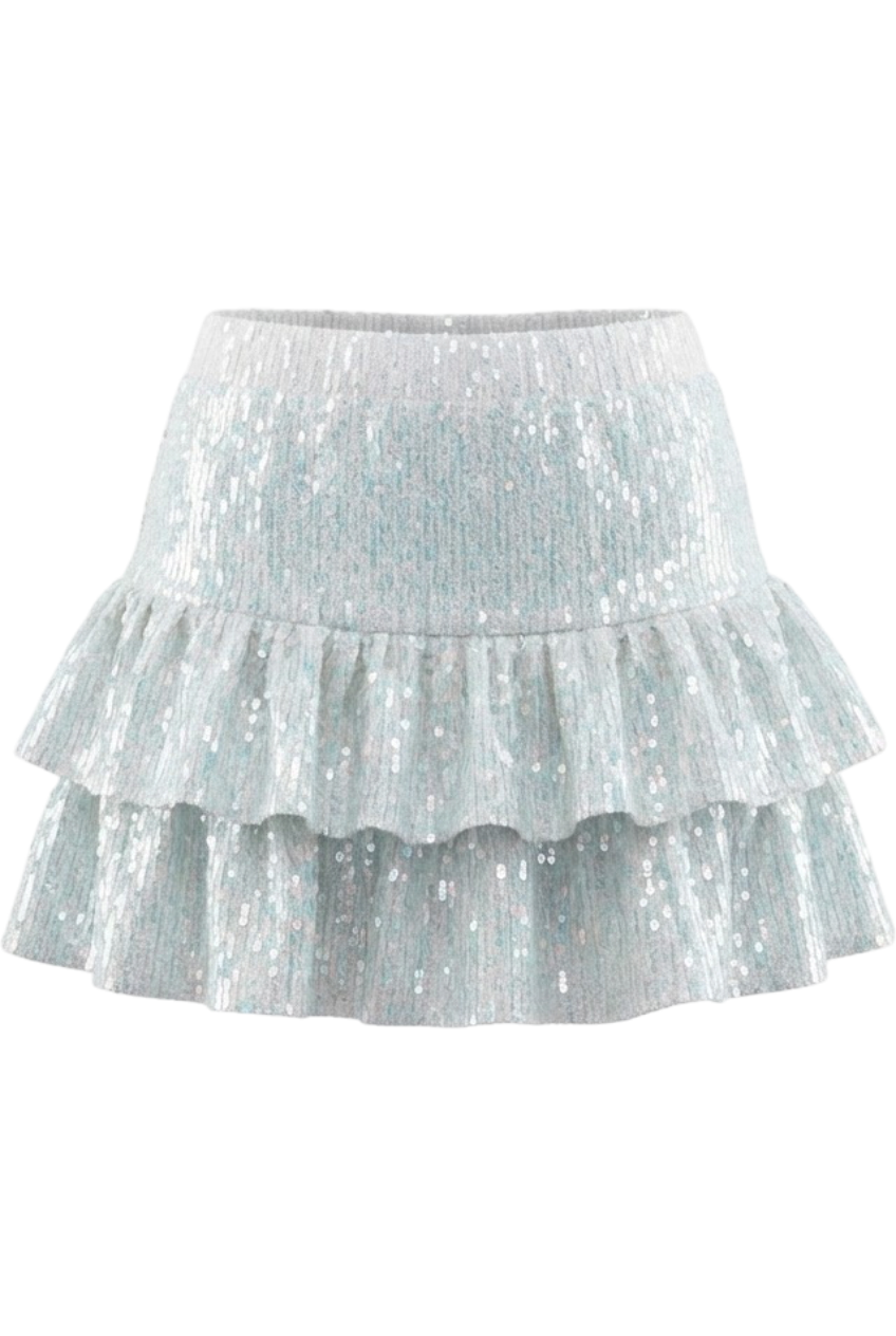 Iridescent white and blue layered mini skirt with sequins - product view