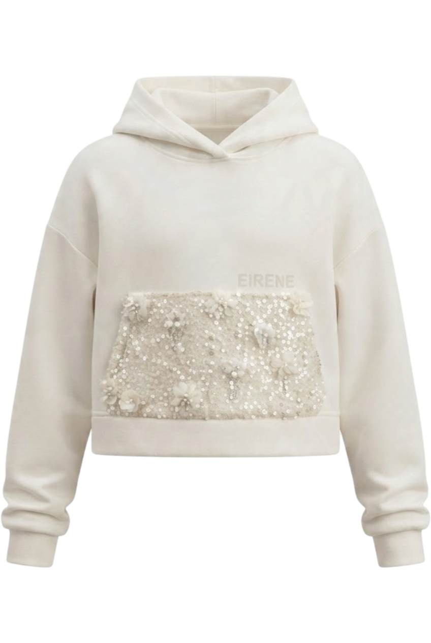 Ivory hoodie with a sequinned pocket and 3D floral appliqués - product view