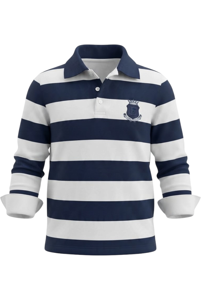 Classic blue and white striped polo shirt with long sleeves - product view