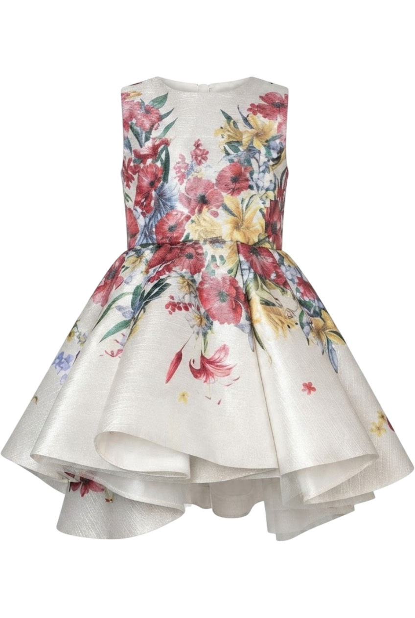 White shimmering floral asymmetrical dress - product view