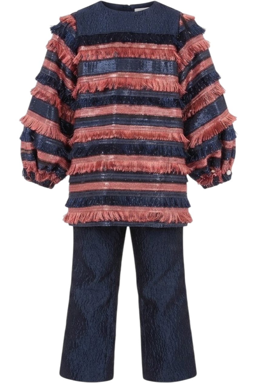 Blue and coral fringes tunic and jacquard trousers set - product view