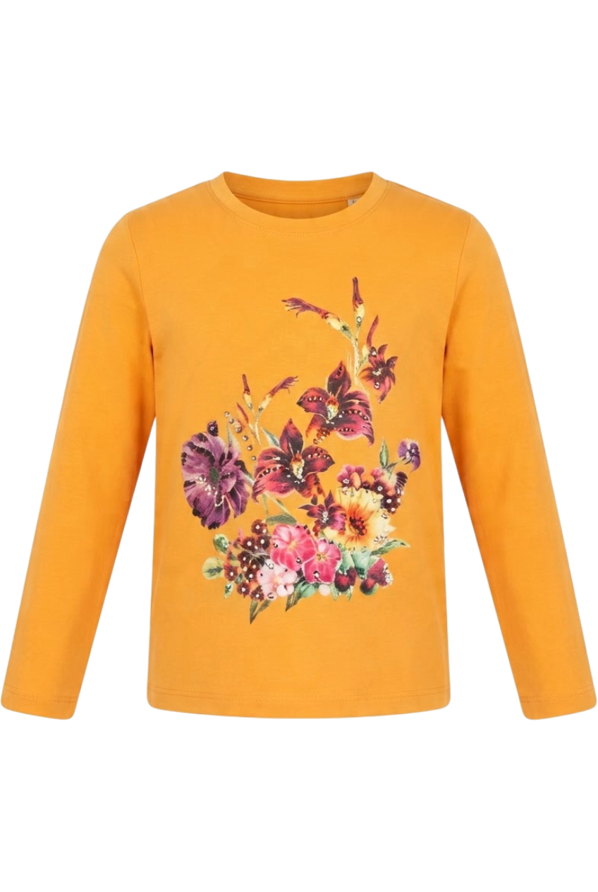 Bright orange top with print and Swarovski crystals - product view