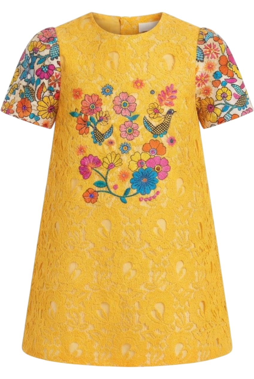 Embroidered cotton floral A-line dress - product view